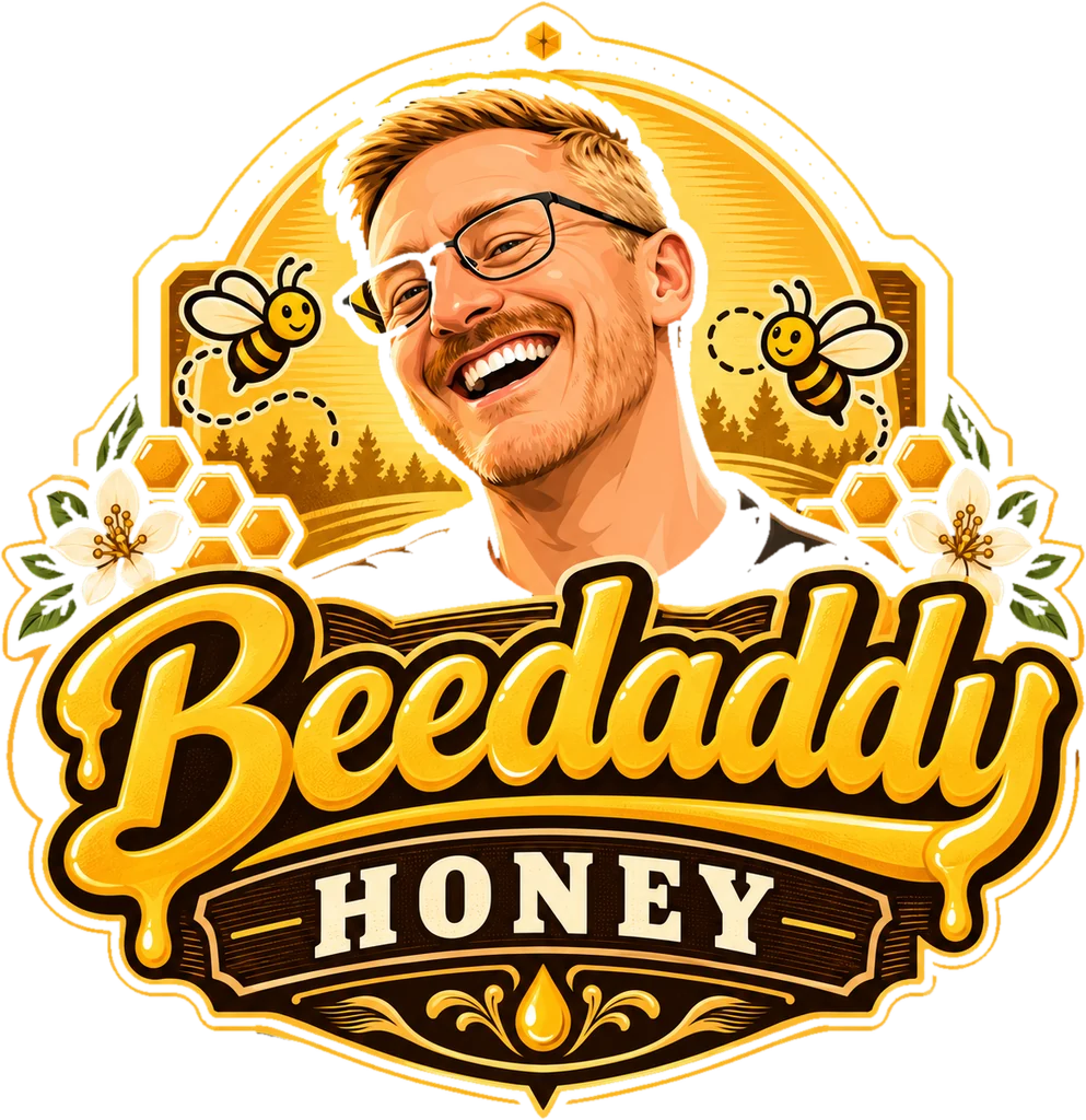 Beedaddy Honey Logo mit lachendem Imker, Bienen und Waben